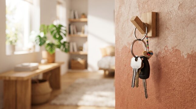 House keys hanging on wooden hook with beaded heart keychain on wall. Cozy bright home interior blurred in background with plants and furniture