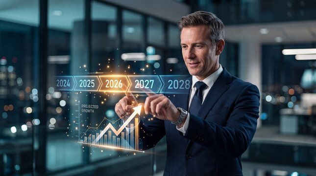 Corporate Executive Interacting with Glowing Digital Growth Chart and Chronological Timeline Hologram in High-Tech Modern Office - Generative AI