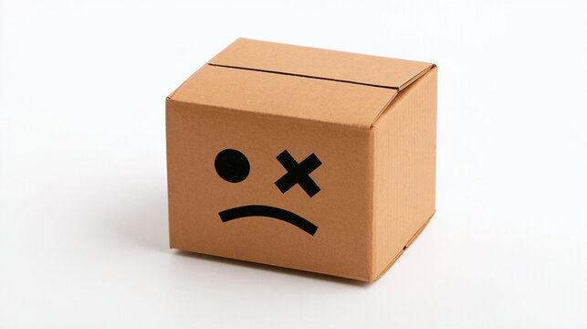 A sad dead face emoticon drawn on a brown cardboard box isolated on white background. Damaged shipping concept for e-commerce.