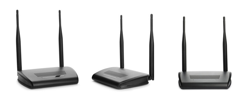 Wireless router with dual antennas isolated on white background for internet network technology concept
