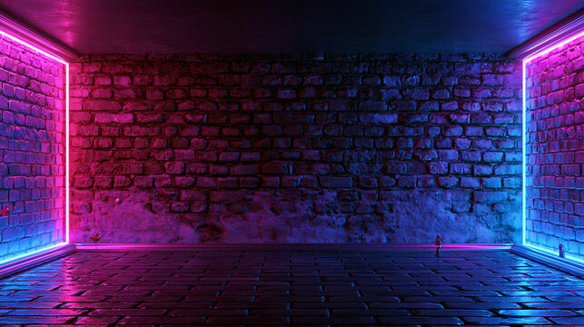 Empty room with brick wall and neon lights. Modern interior design concept for digital art.