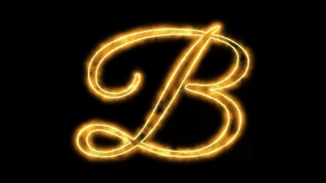 Glowing golden letter b animation, calligraphy script with fire effect on black background, alphabet typography