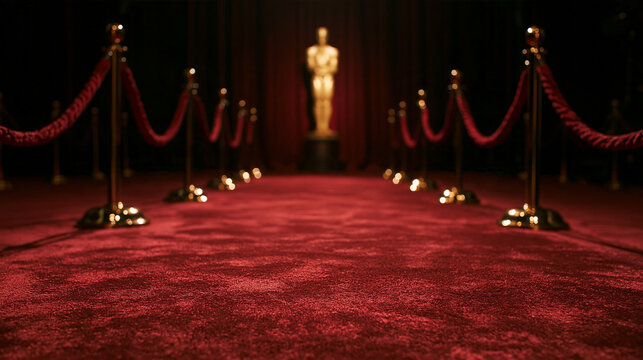 Red carpet leading to a golden award statue between velvet ropes in a luxury theater. Perfect for celebrity events and film festival promotions.