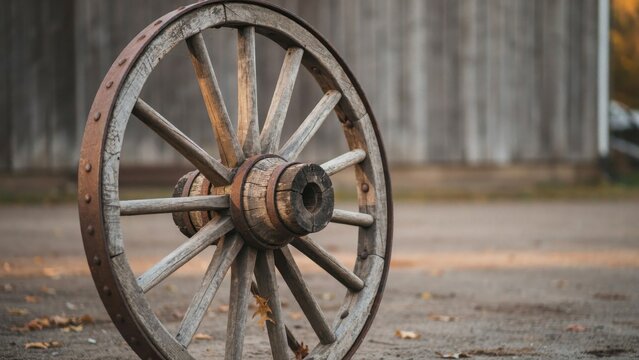 Rustic wooden wagon wheel on a farm, vintage carriage wheel with rusted iron rim, antique western country decor