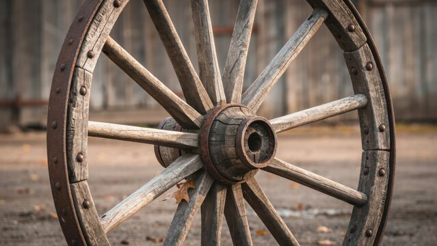 Vintage wooden wagon wheel with rusty iron rim, antique carriage wheel close up, rustic western pioneer decoration for country themed designs