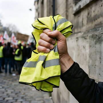 Main d'un manifestant serrant un gilet jaune lors d'une contestation sociale en France