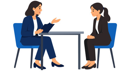 Fototapeta premium Businesswoman HR manager conducting job interview with nervous female candidate sitting across table, flat vector illustration with bold colors - professional high detailed commercial stock imagery