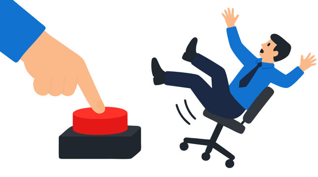 Large hand pressing red emergency alarm button while shocked office worker in blue shirt falls backward from rolling chair, bold flat color cartoon illustration of workplace panic and corporate