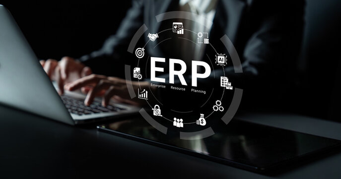 Professional Business Person Engaged in Enterprise Resource Planning on Laptop with Digital Icons and Attributes Representing Business Efficiency and Strategy. Glyphic.