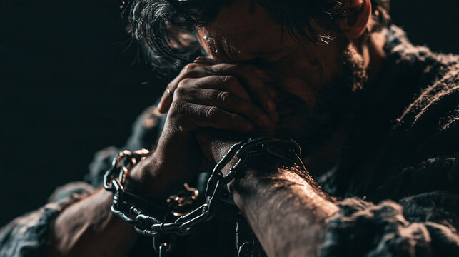 Chained man praying in despair and darkness, conveying hopelessness and suffering. Concept for freedom, struggle, and resilience.