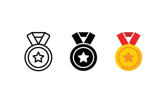Minimalist medal icons set with star and ribbon in outline, solid and colored styles