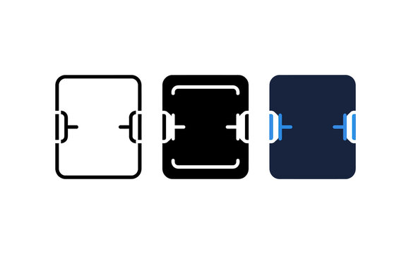 Minimalist graphic icons featuring rectangular containers with side handles and bracket details