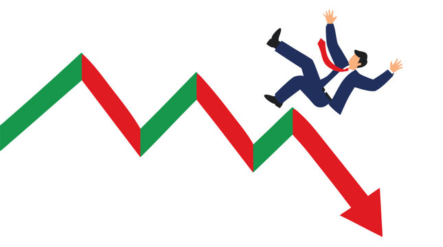 Businessman falling backward off volatile jagged stock market arrow chart, financial loss, market crash and business failure concept, flat vector illustration on clean white background