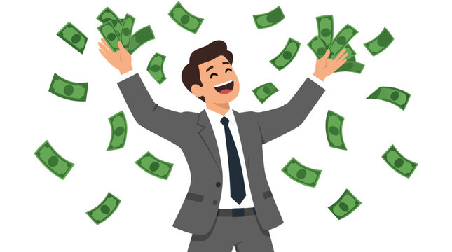 Joyful businessman in gray suit tossing green banknotes into the air, bills fluttering around him celebrating financial success wealth flat vector illustration - detailed commercial stock imagery