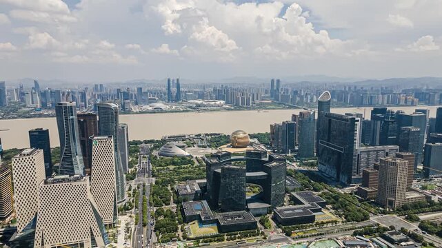 Aerial View of Hangzhou Qianjiang New City Skyline and Qiantang River in China in Hangzhou, China
