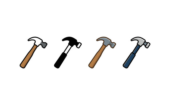 Minimalist hammer icon set featuring four different color variations on white background