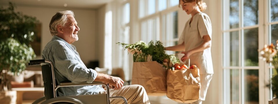 Caregiver delivers groceries to senior man in wheelchair at home in daylight