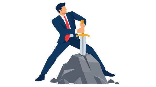 Determined businessman in suit pulling Excalibur sword from stone symbolizing leadership power and breakthrough success, courageous entrepreneur overcoming challenge flat vector illustration