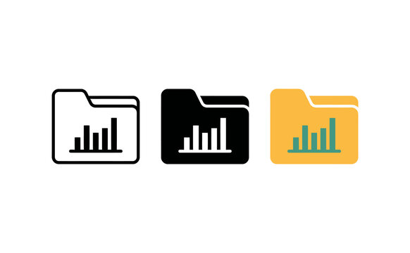 Minimalist folder icons featuring analytics bar charts in black and yellow vector style