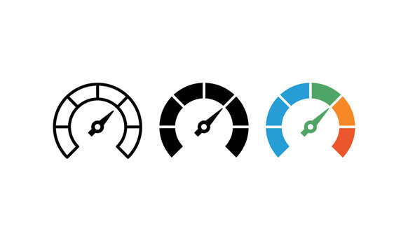 Minimalist speedometer icons featuring outline, solid black, and colorful multi-state designs