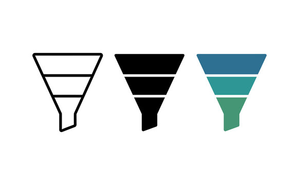 Minimalist funnel diagram icons in outline solid and colorful styles against white