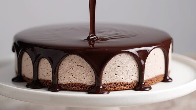 Round mousse cake receives dark chocolate glaze, and creamy dessert on white plate develops thick glossy drips in elegant studio style, with smooth pale filling and rich top layer.