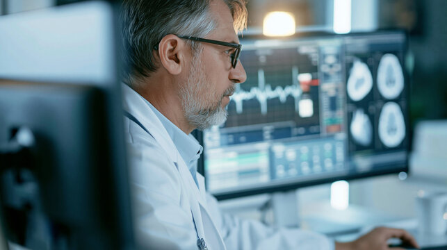 Cardiologist analyzing ecg and cardiac imaging on computer screen for diagnosis