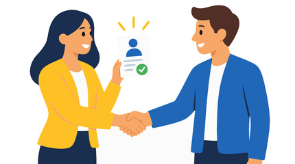 Obraz premium Professional woman and man shaking hands with referral card showing successful recommendation, business networking concept, flat vector illustration on clean white background