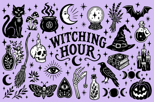 Witching hour mystical vector illustration set with vintage black pen and ink line work and sketchy 