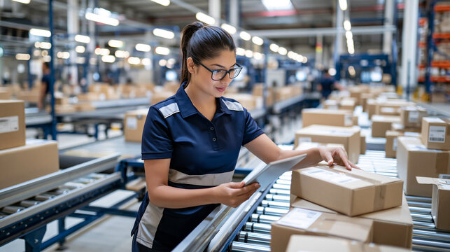 Latina woman logistics coordinator using digital tablet for package management
