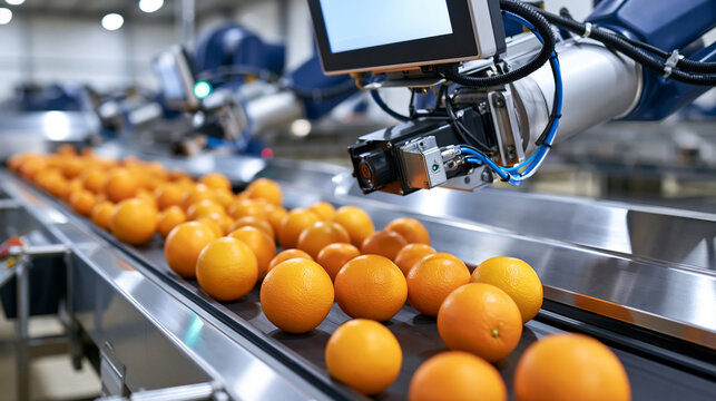 Robotic arm sorting oranges on conveyor belt in automated fruit processing line
