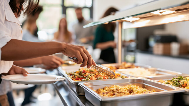 Office employees enjoying buffet lunch in canteen, choosing healthy food options