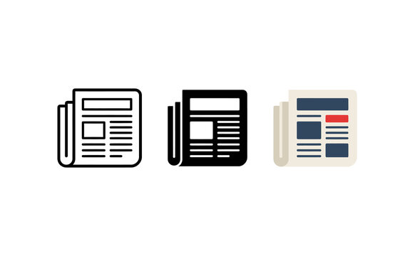 Minimalist newspaper icon set in outline solid and flat colored styles