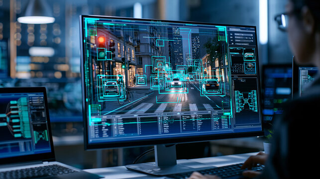 Person working on computer, analyzing street scene for self driving car ai development