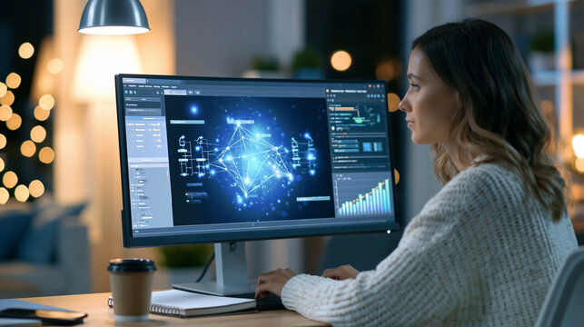 Woman working on computer, analyzing complex data visualization for future tech