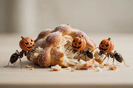 A group of ants in disguise takes apart a delicious traditional Mexican bread.