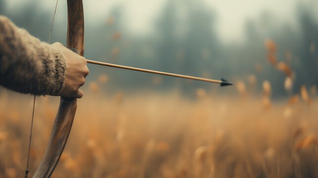 A young Caucasian adult male archer aims a wooden bow and arrow in a misty field