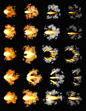 Gun flashes or gunshot animation. Collection of fire explosion effect during the shot with the gun. Cartoon flash effect of bullet starts. Shotgun fire, muzzle flash and explode