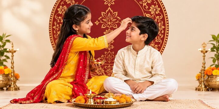 Indian sister applying tilak on brother's forehead for Bhai Dooj, traditional Hindu festival celebration, siblings in ethnic wear at home