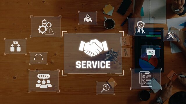 Illustrative concept of business service collaboration featuring a handshake emblem, various support icons, and data analysis tools on a workplace desk. Raster