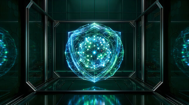 Abstract glowing geometric sphere floating inside a futuristic digital glass showcase enclosure with futuristic technology digital art high tech