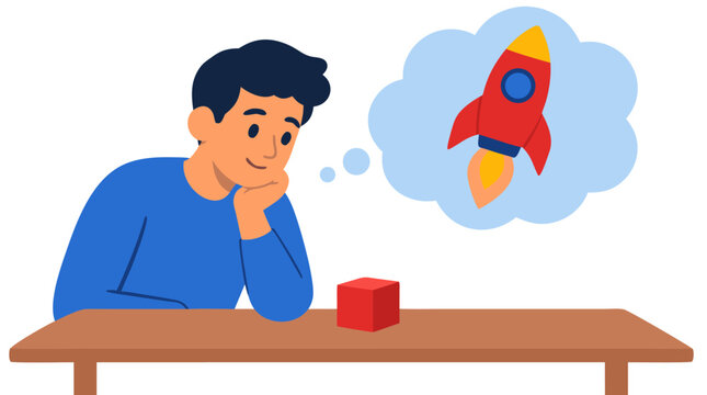 Idea and innovation concept with thoughtful young man observing small red block on table and visualizing powerful red rocket in thought bubble representing creativity imagination and ambition