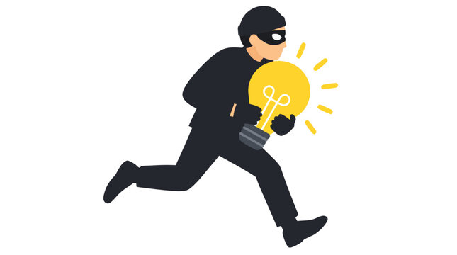 Flat vector illustration of cartoon thief in dark clothes and mask running away stealing glowing yellow lightbulb idea theft concept character design on white background detailed commercial stock