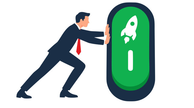 Businessman pushing startup launch button with rocket icon on white background flat vector illustration - professional high resolution commercial stock photography with detailed commercial stock