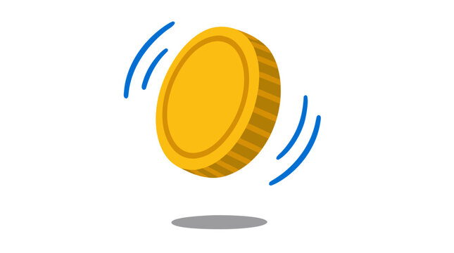 Single gold coin caught mid-spin in the air with blue curved motion lines around it casting a small gray shadow below bold flat vector illustration finance money banking concept