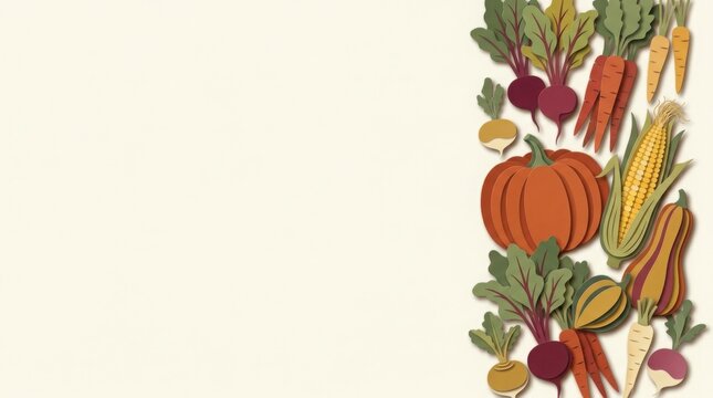Autumn harvest border featuring pumpkins beets carrots and corn on a white background
