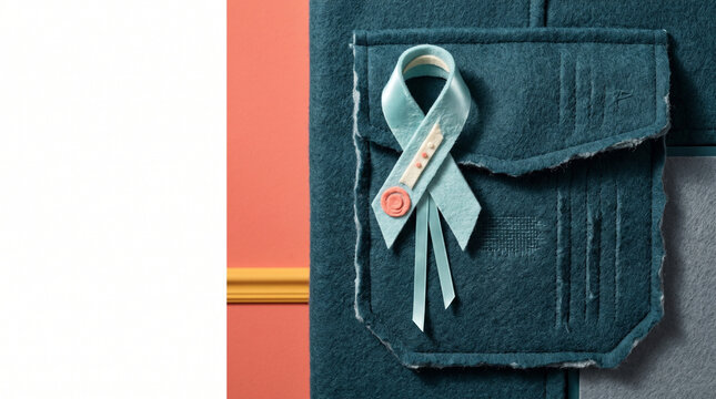 Movember awareness ribbon on a shirt pocket against colorful background  