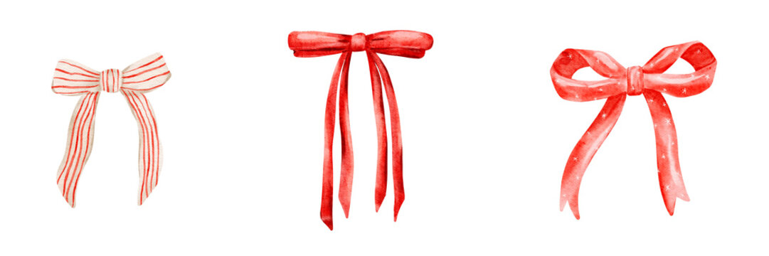 Red Christmas watercolor bows isolated on white background