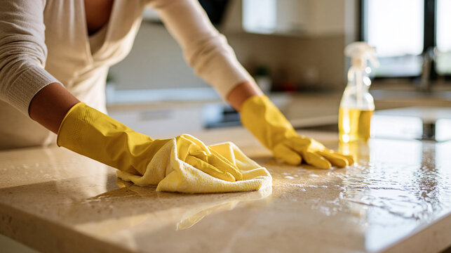 Woman cleaning kitchen counter photo. Wearing yellow rubber gloves and wiping marble surface with cloth and detergent spray bottle. Domestic housework and sanitation photography.