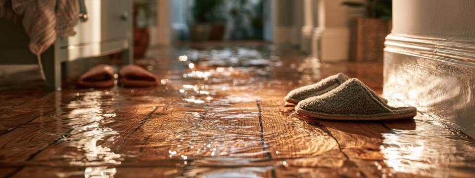 Water covers the wooden floor of a hallway, slippers sit beside the flowing water in a home setting